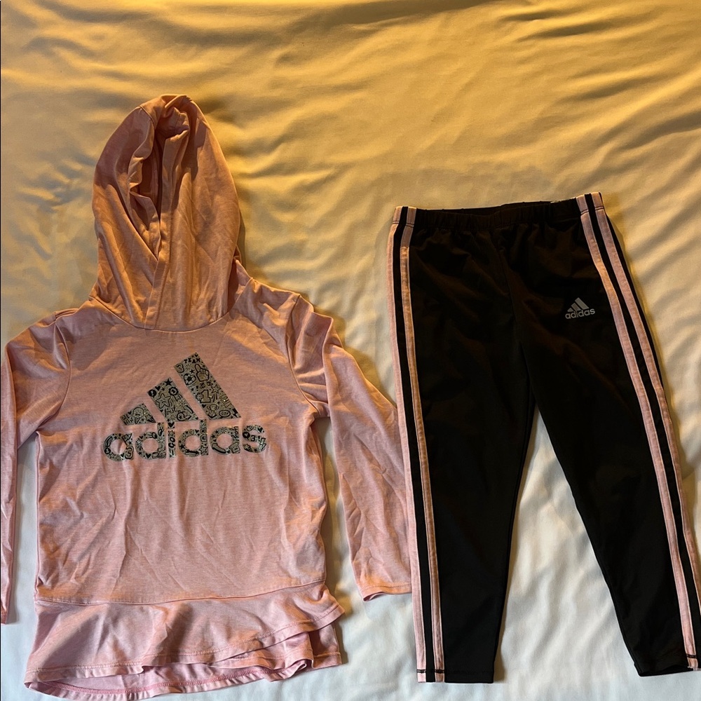 Adidas Light Pink Hoodie and Black Leggings Set